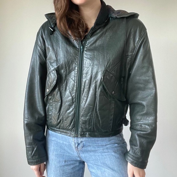 80’s Green leather bomber jacket with hoodie - Picture 6 of 9